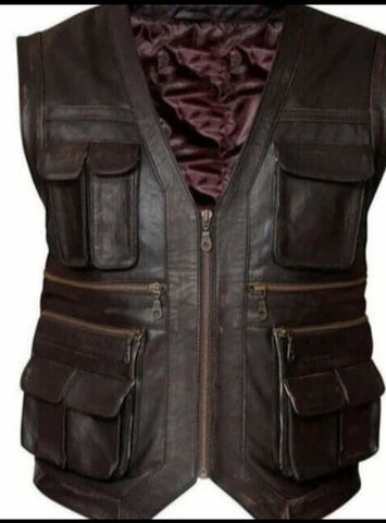 Brown Trucker Pocketed Leather Vest